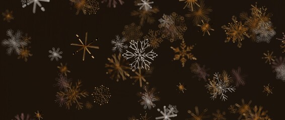Abstract snowflake pattern in golden and silver colors on a dark background. Perfect for holiday design and winter seaso