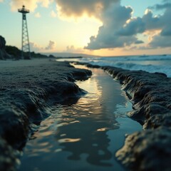 AI generated Scenic sunset over rocky coast with reflective tidal pools and gentle surf