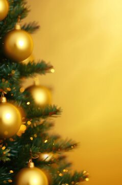 Christmas tree branch with golden ornaments and lights, festive holiday background