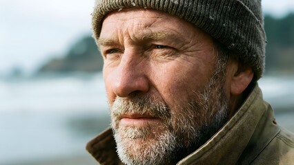 Close-up Portrait of Thoughtful Mature Man Outdoors.