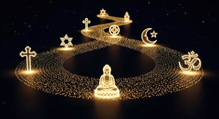 Religious symbols of the world religions on a path of golden light, unity concept.