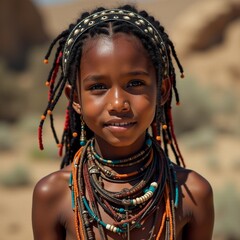 AI generated Young girl showcases heritage through intricate beads and joyful expression