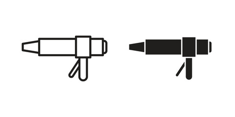 Caulk gun icons. Solid black silhouette and line art outline. Minimal design element,