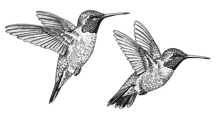 Detailed black and white illustration of two hummingbirds in flight, showcasing their delicate wings and slender beaks.
