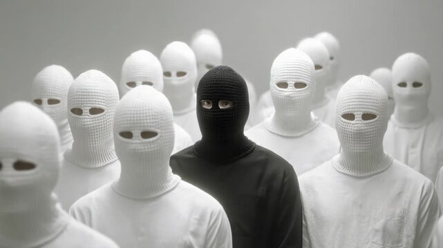 The Lone figure in crowd: A sea of identical faces. one person stands out, adorned in a black mask, their intense gaze piercing through the anonymity of the crowd.