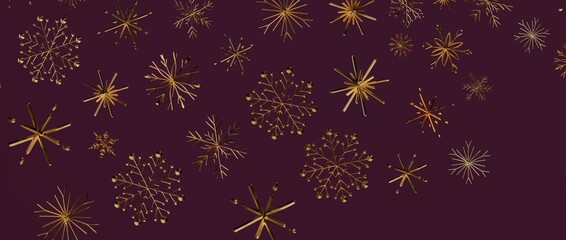 Elegant gold snowflakes floating on a deep burgundy background. Ideal for Christmas, winter, and festive project