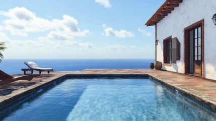 Fototapeta premium Beautiful villa with a stunning ocean view and a serene swimming pool under a clear sky