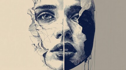 Art piece shows a face divided by lines and contrasting styles in a creative expression of identity and emotion