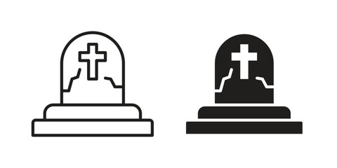 Cemetery icons. Solid black silhouette and line art outline. Minimal design element,