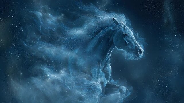 Celestial Steed: A majestic equine form materializes from ethereal celestial mist, embodying grace and freedom against a backdrop of the cosmos, stirring the imagination and stirring the soul.
