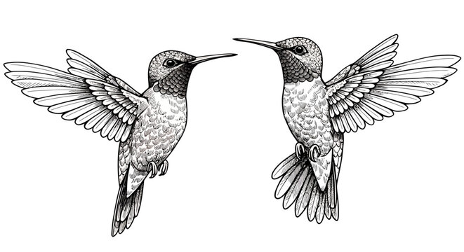 Detailed black and white sketch of two hummingbirds in flight with spread wings, facing each other in an elegant pose.