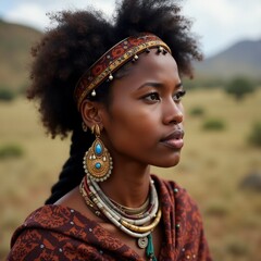 AI generated Serene indigenous woman dressed in cultural attire gazes across open