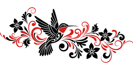 Black hummingbird with red throat flying amidst ornate black and red floral scrollwork and flowers on a white background.