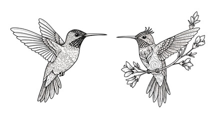 Fototapeta premium Two detailed black and white line art illustrations of hummingbirds, one in flight and one perched on a flowering branch.