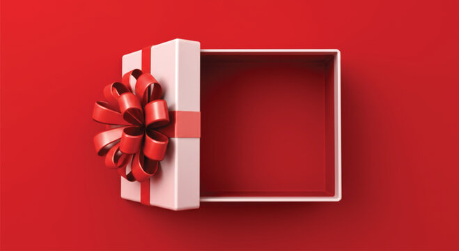 An overhead view of an empty white gift box, partially open, featuring a large, elaborate red ribbon and bow attached to the lid, set against a vibrant, solid red background.