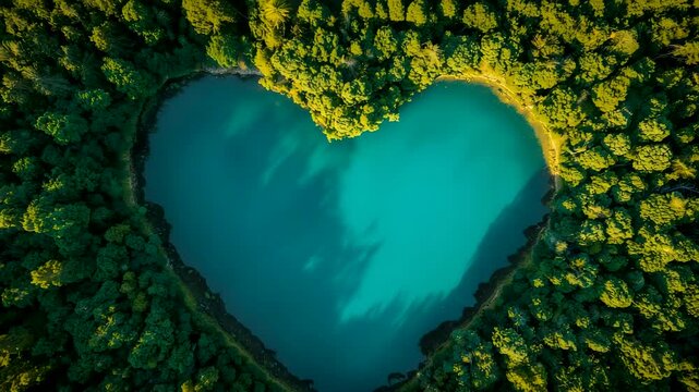 Aerial view of turquoise lake surrounded by dense green forest forming heart shaped shoreline