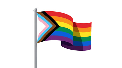 Progress Pride Flag Waving on Pole, Rainbow Stripes with Forward Design
