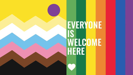 Inclusive Pride Flag with "Everyone Is Welcome Here" Message and Abstract Landscape