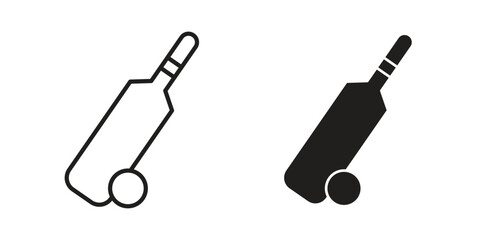Cricket icons. Solid black silhouette and line art outline. Minimal design element,