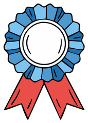 Cartoon blue prize ribbon illustration with blank medallion and red tails