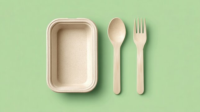 Eco Friendly Reusable Bamboo Cutlery and Lunchbox on Green