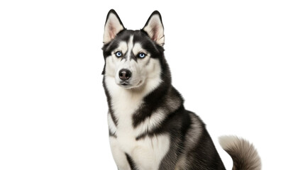 Fototapeta premium A portrait of a cute young siberian husky puppy and dog, a purebred domestic pet with black and white fur, looking forward while isolated as a canine mammal breed