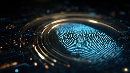 Digital fingerprint design shows circular patterns and lines on a dark background with bright blue details in a modern technology setting