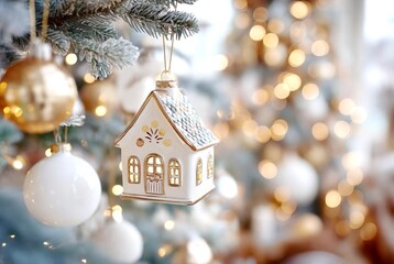 A Christmas tree ornament shaped like a house on the tree, symbolizing the purchase of a new home in the new year, at Christmas.