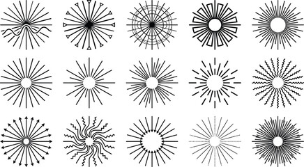 Extensive Retro Sunburst and Starburst Line Icon Set: Radial Rays, Swirls, Sunrise, and Geometric Burst Elements for Hipster, Vintage, Logo, and Graphic Designs