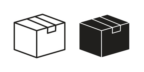 Delivering box icons. Solid black silhouette and line art outline. Minimal design element,