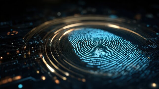 Digital fingerprint design shows circular patterns and lines on a dark background with bright blue details in a modern technology setting - Powered by Adobe