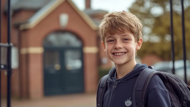 This engaging video features a happy boy outside his school, reflecting the positivity of childhood. Ideal for use in educational and family-related content. AI