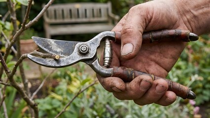 Close-up of Hand Holding Pruning Shears in Garden.