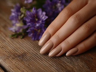 Fototapeta premium Elegant manicured hands holding purple lavender flowers, natural beauty and wellness concept