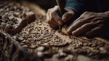 Craftsperson carves intricate patterns on wood during a workshop in a local studio in the afternoon light