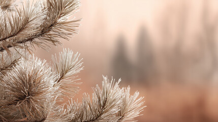 A tree with frost on its branches and a blurry background with copyspace