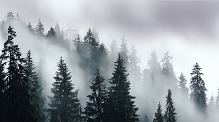 A forest with a thick fog covering the trees