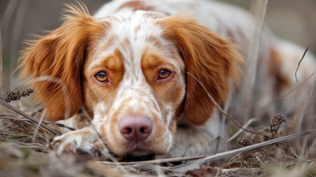 A dog is laying in the grass with its head down. The dog has a brown and white coat
