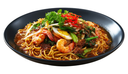 malaysian noodle dish on a deep navy plate with spicy broth colorful toppings and glossy vibrant texture
