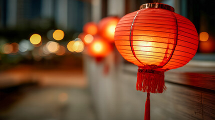 A red lantern is lit up and hanging from a window