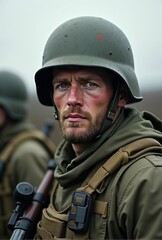 AI generated Cinematic portrayal of armed soldier with rugged features and tactical
