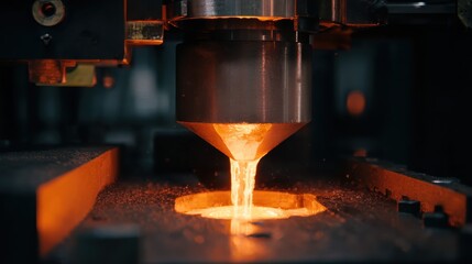 Pouring metal into a mold at a factory during the manufacturing process in the evening hours