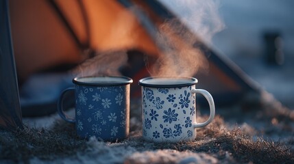 Two steaming mugs sit on sandy ground near a camping site in the evening, inviting relaxation and warmth after a day of outdoor activities