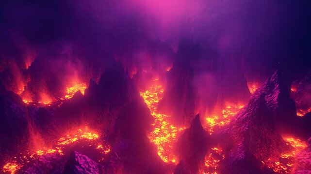 Volcanic mountains erupting lava and purple smoke