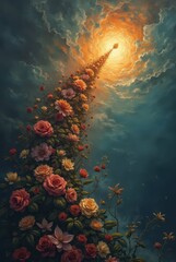 Blossoming path rising to spiritual heaven light