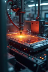 Laser cutting machine melting metal in industrial factory