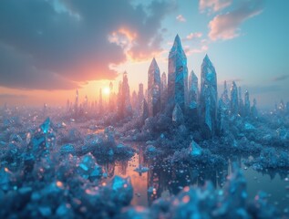 Crystal city landscape at sunset creating a fantasy scene