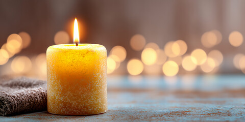 soft glowing candle creating a serene warm atmosphere with a bright clean upper area offering ideal placement for wellness text content