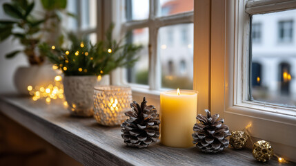 A window sill with candles and pine cones