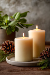 Two candles are lit on a wooden table with pine cones